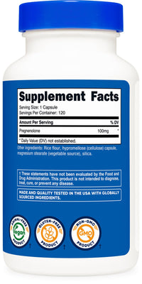 Thumbnail for Nutricost Pregnenolone 100mg, 120 Capsules - Non-GMO, Gluten Free, Vegetarian Capsules