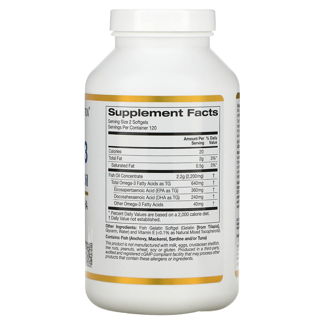 California Gold Nutrition Premium Fish Oil, Omega-3, 180 mg EPA, 120 mg DHA, Concentrated Triglyceride Form, 240 Fish Gelatin Softgels, 2 Pack