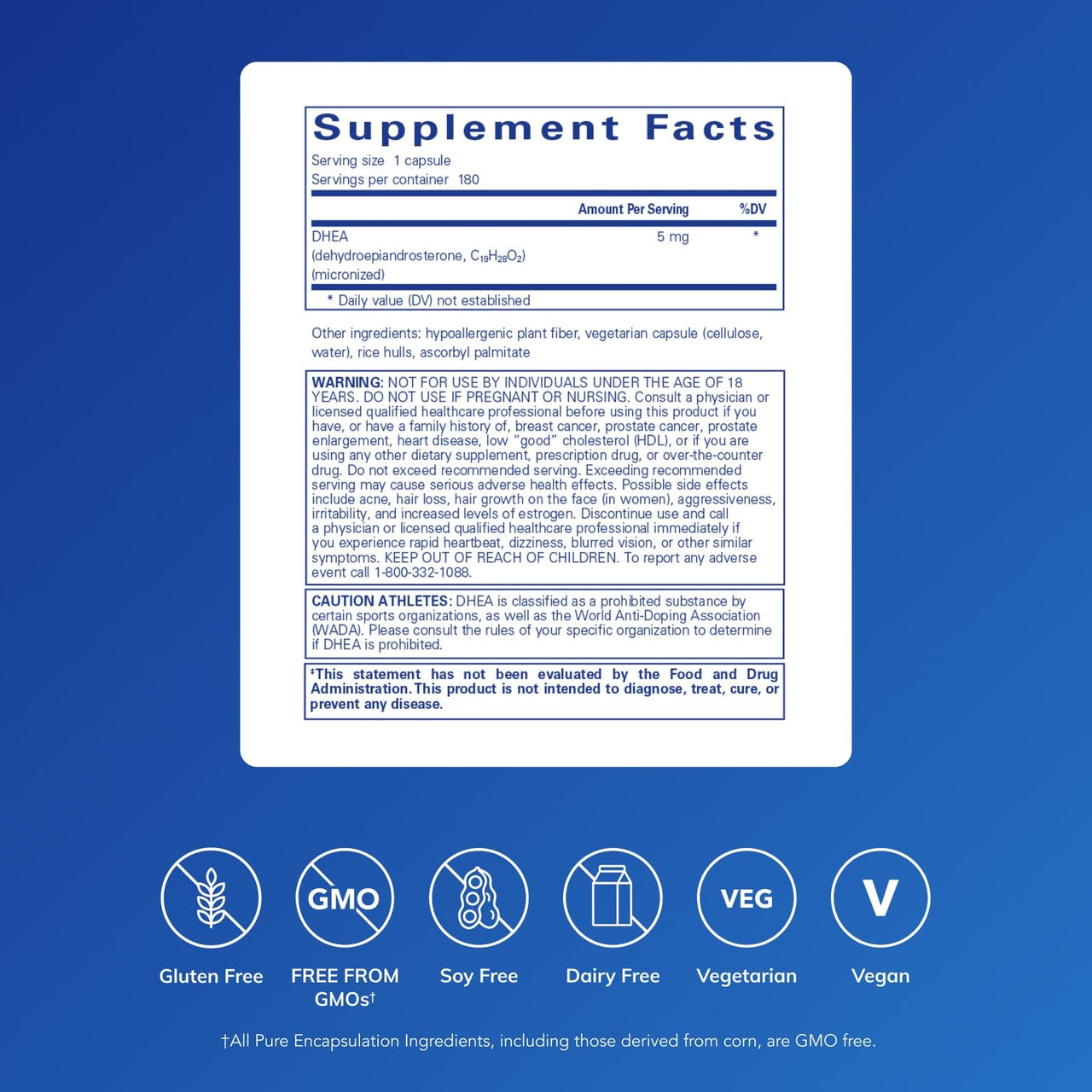 Pure Encapsulations DHEA 5 mg - Immune Support & Hormones Balance* - Micronized DHEA - Gluten Free & Vegan - 180 Capsules