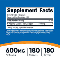 Thumbnail for Nutricost N-Acetyl L-Cysteine (NAC) 600mg, 180 Capsules - Non-GMO, Gluten Free