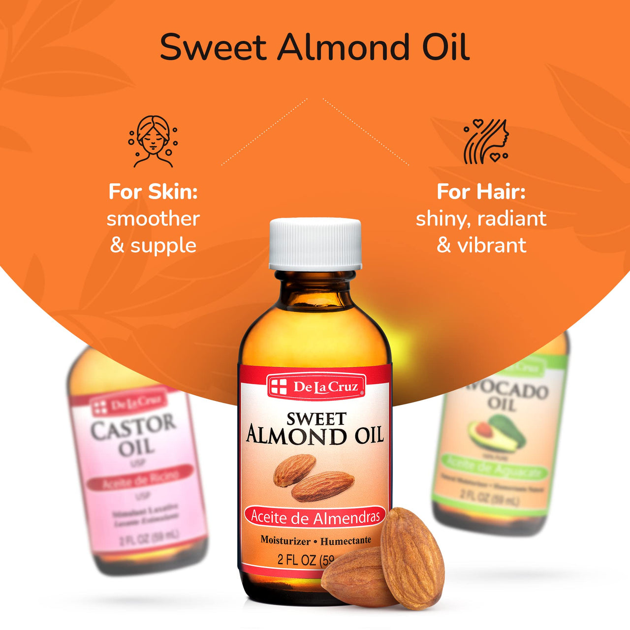 De La Cruz Sweet Almond, Castor and Avocado Oils Bundle - Expeller-Pressed Pure and Natural Oils for Hair and Skin - 3 Bottles - 2 Fl OZ Each