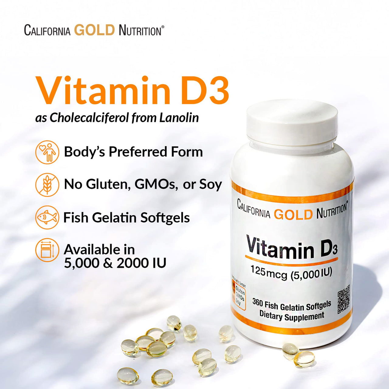 California Gold Nutrition Vitamin D3, 125 mcg (5,000 IU), 360 Fish Gelatin Softgels, 5 Pack
