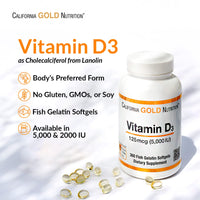 Thumbnail for California Gold Nutrition Vitamin D3, 125 mcg (5,000 IU), 360 Fish Gelatin Softgels, 5 Pack