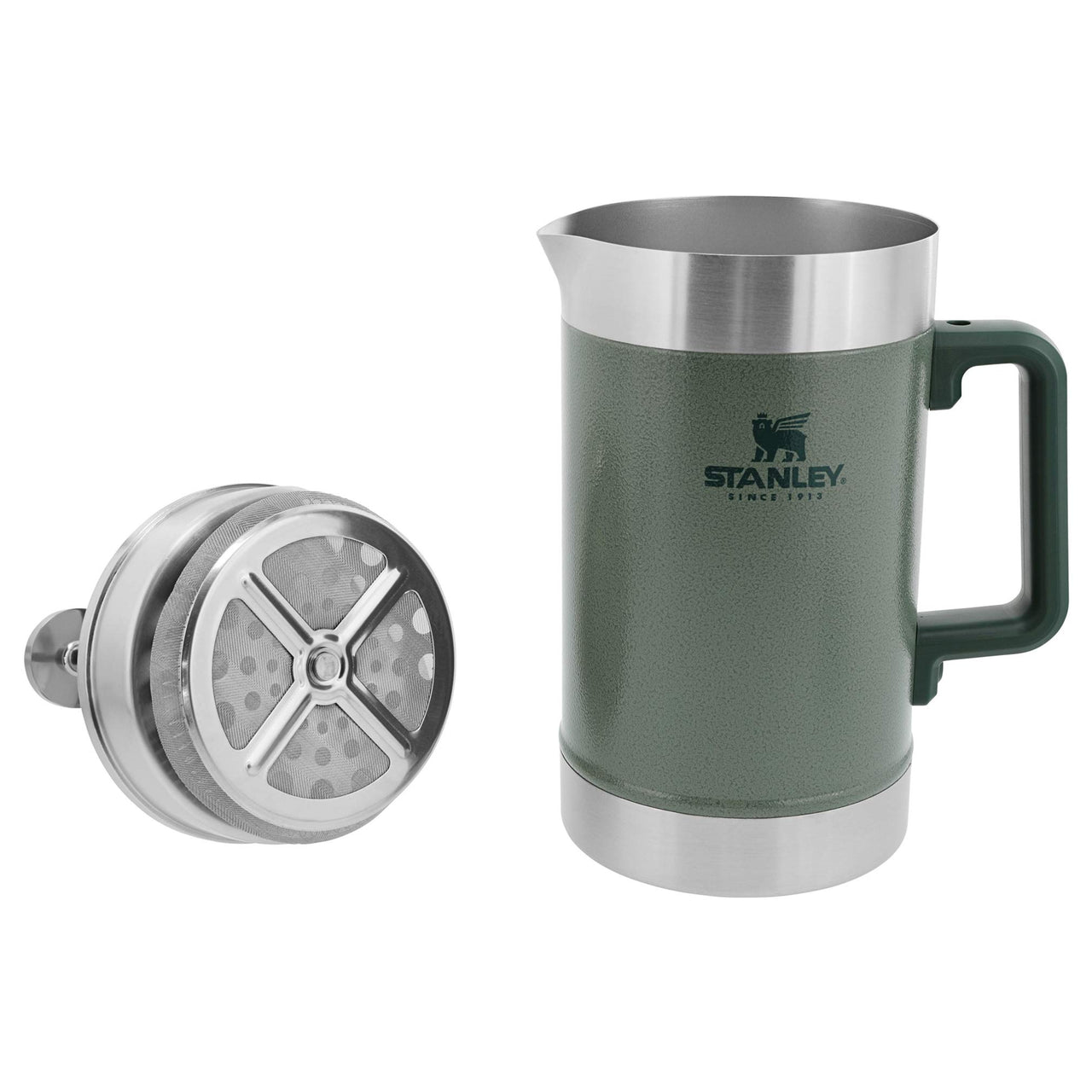 STANLEY Classic Stay-Hot French Press Coffee Maker 48 oz | 5 Minute Brew, 4 Hours Hot | Mesh Filter for Coffee Grounds | Insulated Stainless Steel French Press | BPA-Free | Hammertone Green