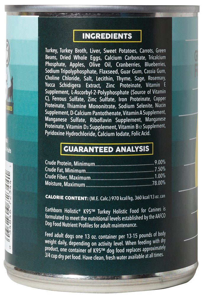 Earthborn Holistic K95 Turkey Recipe Grain-Free Canned Moist Dog Food 13 oz Can