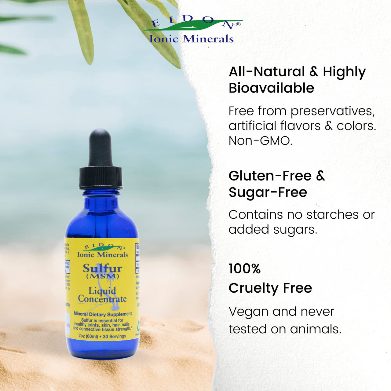 Eidon Ionic Minerals Liquid Sulfur Concentrate Drops - Pure Ionic MSM Sulfur Supplement, Supports Smooth Skin & Glossy Hair, No Preservatives or Additives, Gluten & Sugar Free - 2 oz