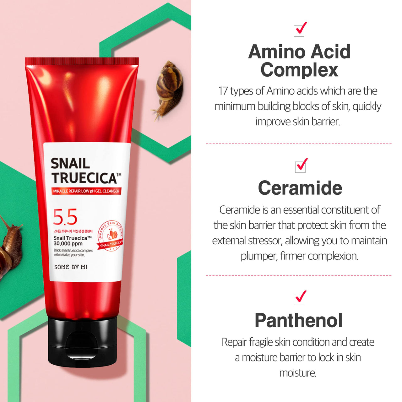 SOME BY MI Snail Truecica Miracle Repair Low pH Gel Cleanser - 3.38Oz, 100ml - Made from Snail Mucin for Sensitive Skin - Daily Face Wash for Deep Cleansing and Skin Moisturizing - Korean Skin Care