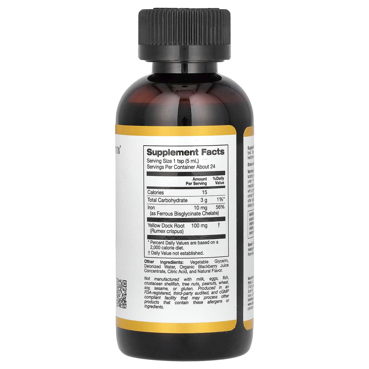 California Gold Nutrition Iron, as Ferrous Bisglycinate Chelate and Yellow Dock Root, 4 fl oz (118 ml)