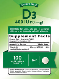 Thumbnail for Nature's Truth Vitamin D3 | 400 iu (10 mcg) | 100 Tablets | Vegetarian, Non-GMO, & Gluten Free Supplement