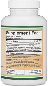 Thumbnail for Magnesium Complex Supplement 180 Capsules (426mg Elemental Magnesium Provided by 2,300mg of Eight Different Forms of Magnesium) MAG-8 Provides 100% Daily Recommended Value of Magnesium by Double Wood