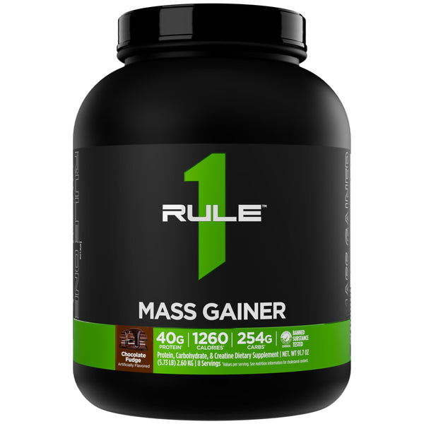 Rule 1 Proteins Mass Gainer - High-Calorie Weight Gain Formula with 1,220+ Calories, 250g+ Complex Carb Blend, 40g All-Whey Protein Per Serving (8 Servings, Chocolate Fudge)