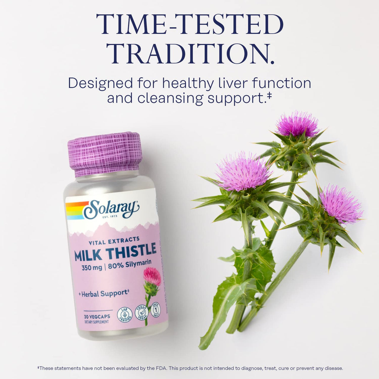 SOLARAY Milk Thistle Seed Extract 350 mg Guaranteed to Contain 80% Silymarin, Traditional Liver Support, Vegan & Lab Verified for Quality, 60 Day Money-Back Guarantee, 30 Servings, 30 VegCaps