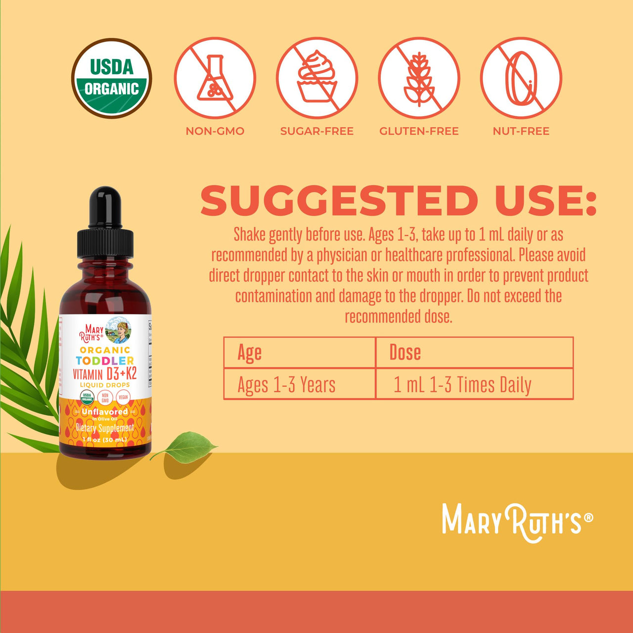 MaryRuth Organics Vitamin D3 | Vitamin K2 | Vitamin D3 K2 Drops | K2 D3 Vitamin Liquid Supplement for Toddlers | Kids Supplement for Calcium Absorption Strong Bones | Vegan | Gluten Free | 1 Fl Oz