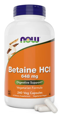 Thumbnail for Now Betaine HCl 648mg 240 Veg Capsules - Digestive Enzymes Supplement - Enhanced with Pepsin Protease for Protein Digestion Support