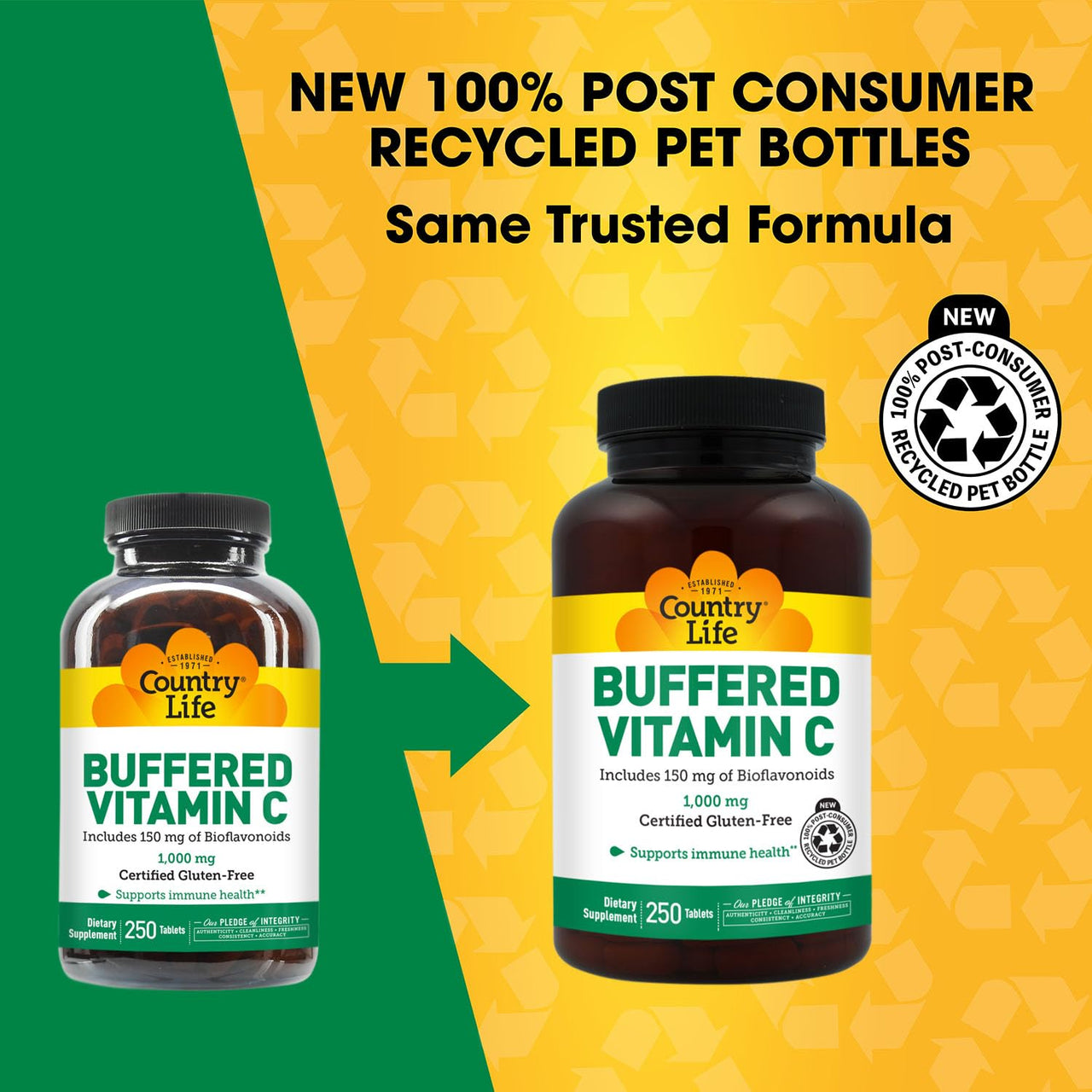 Country Life Buffered Vitamin C 1000mg with Bioflavonoids, Calcium, Magnesium, Potassium - Immune Support, Vegan Capsules, Gluten-Free, Gentle on Stomach - 250 Tablets