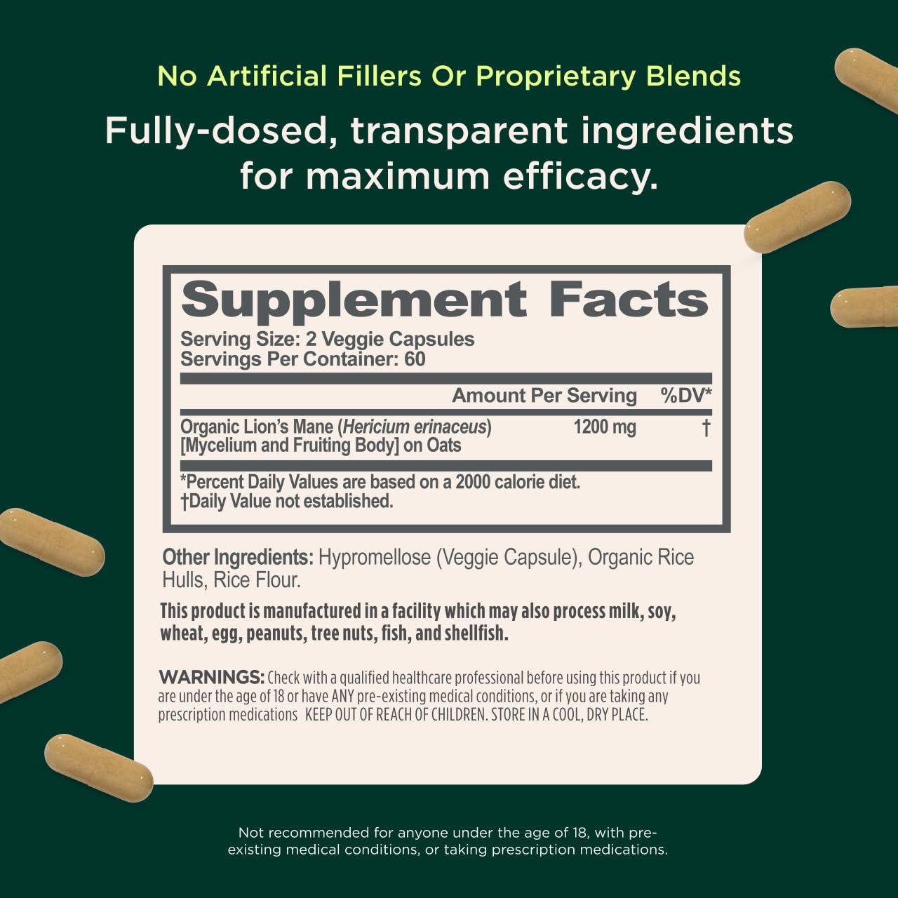 The Genius Brand Genius Lion's Mane - Plant-Based Supplement for Memory, Focus & Mood Support - Organic & Non-GMO - 120 Veggie Capsules