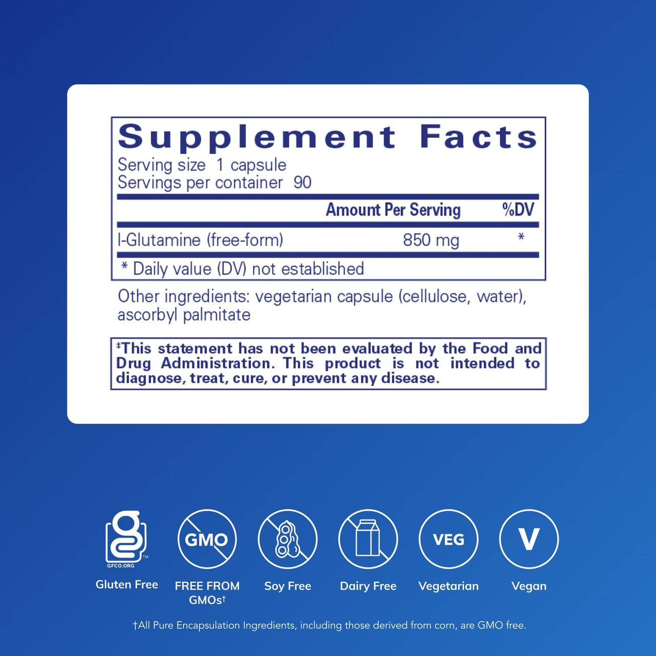 Pure Encapsulations L-Glutamine 850 mg | Supplement for Immune and Digestive Support, Gut Health and Lining Repair, Metabolism Boost, and Muscle Support* | 90 Capsules