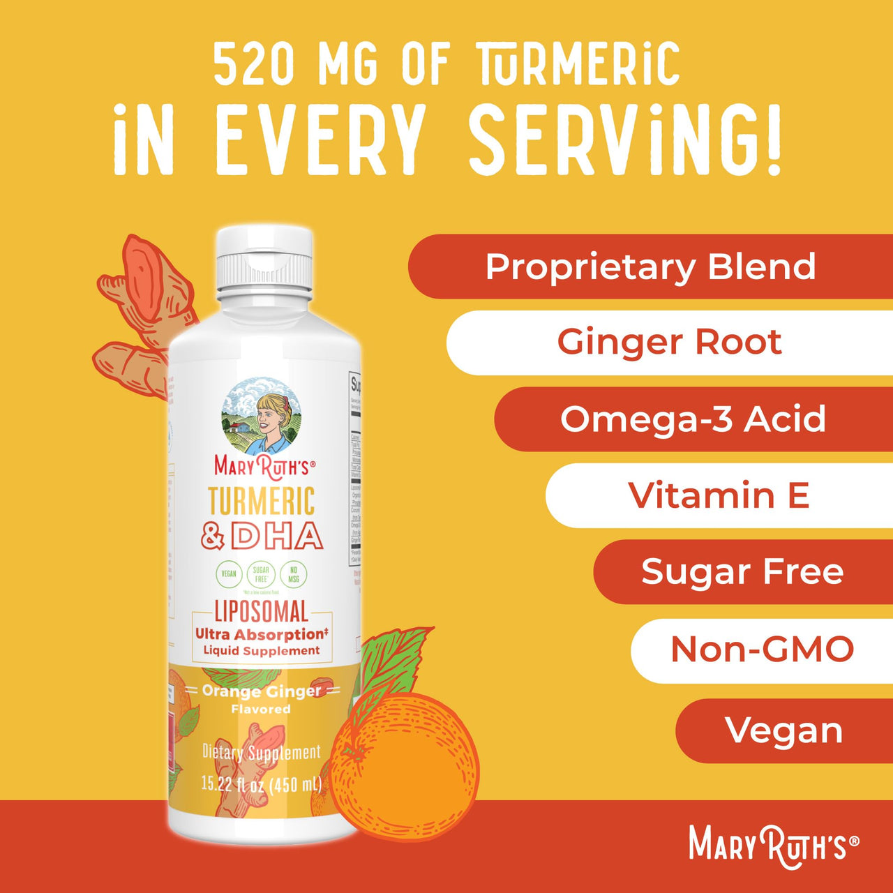 MaryRuth Organics | Liposomal Turmeric & DHA | Curcumin | Ginger Root Oil | Algal DHA & Vitamin E | Cognitive Function | Mood Support | Joint Health | Liquid Supplement | 15.22 oz