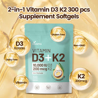 Thumbnail for Vitamin D3 10000 iu Plus K2 (MK-7) 200 mcg, 300 Coconut Oil Softgels| 2 in 1 VIT D & K Complex | Supports Calcium Absorption, Bone, Immune, & Heart Health – Easy to Swallow (300 Softgels /1 Bag)