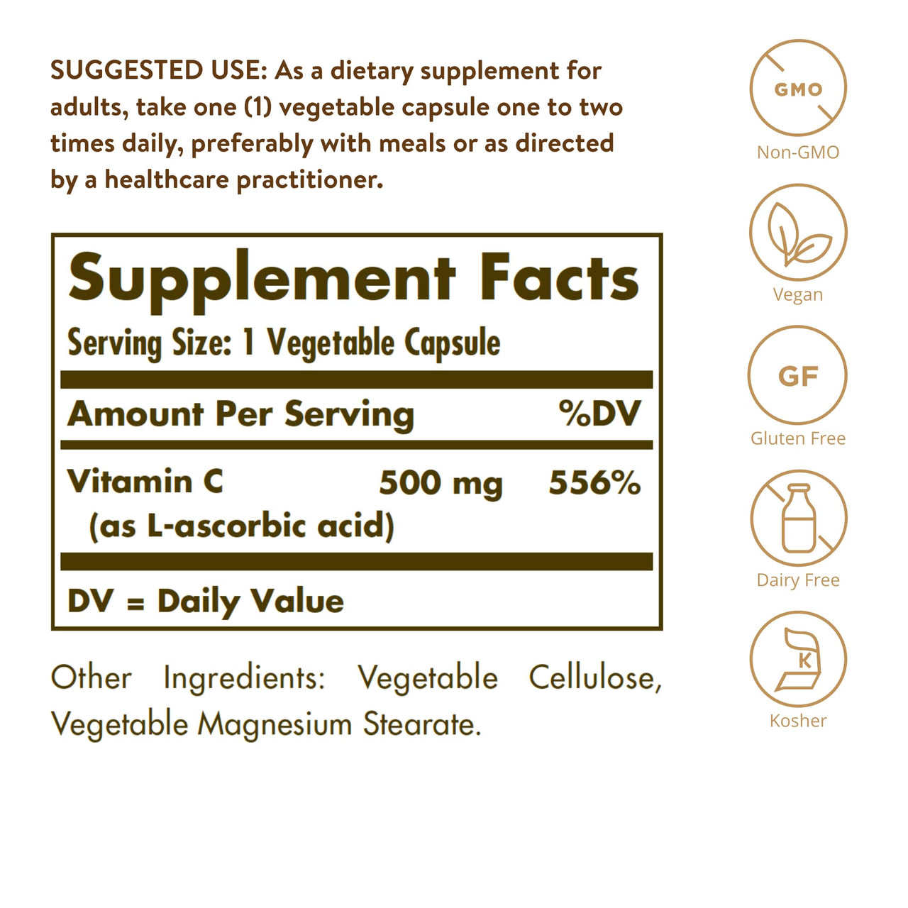 Solgar Vitamin C 500 mg, 100 Vegetable Capsules - Antioxidant & Immune Support - Overall Health - Supports Healthy Skin & Joints - Non GMO, Vegan, Gluten Free, Kosher - 100 Servings