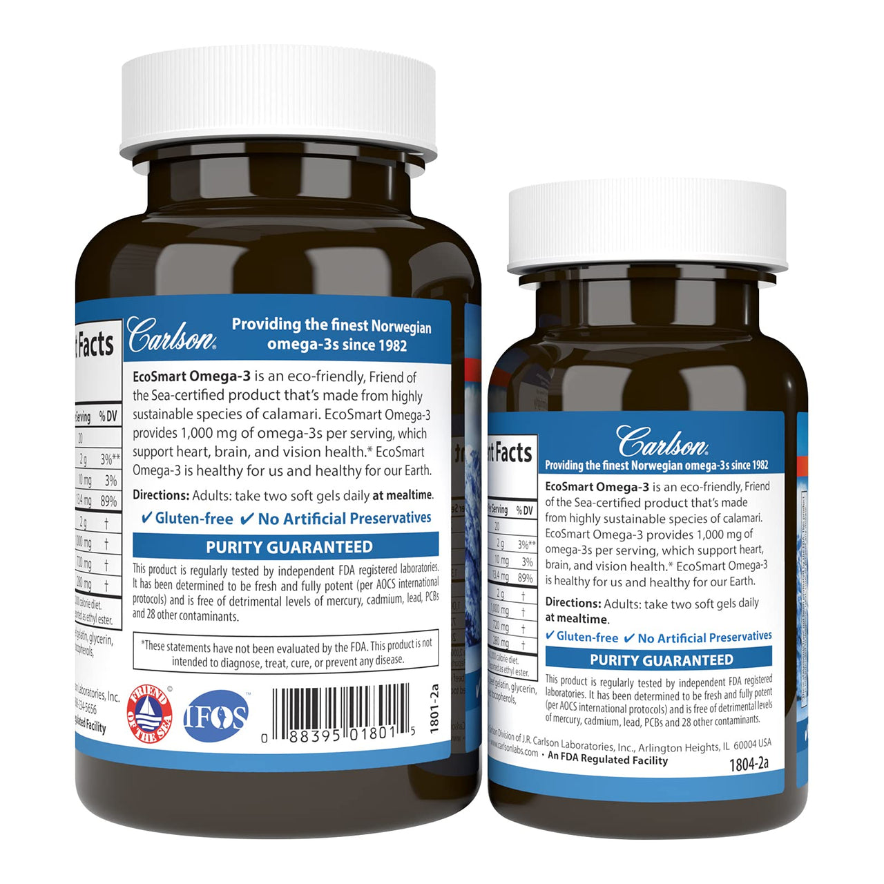 Carlson - EcoSmart Omega-3, 1000 mg Omega-3s Sustainable Source, Heart Health, Brain Function & Vision Support, Lemon, 90+30 soft gels