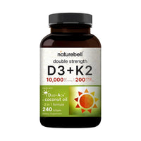 Thumbnail for NatureBell Vitamin Double Strength D3 + K2-240 Softgels - 10,000 IU Vitamin D & 200mcg K2 - Bone Strength, Immune Function & Calcium Absorption Support* - Coconut Oil Infused