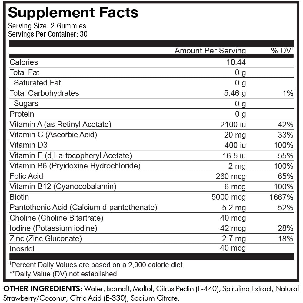 Codeage Hair Gummies, Biotin 5000 mcg, Sugar Free Growth Gummy Vitamins A, C, B6, B12, D3, Zinc, Inositol Supplement, Women & Men, Pantothenic Folic Acid, Nails, Skin, Strawberry Coconut Flavor, 60 ct