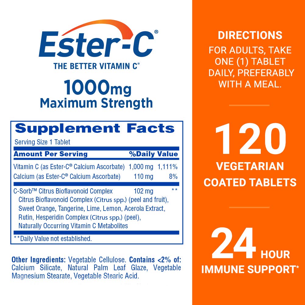Ester-C Vitamin C 1000 mg Coated Tablets, Immune System Booster, Stomach-Friendly Supplement, 120 Count