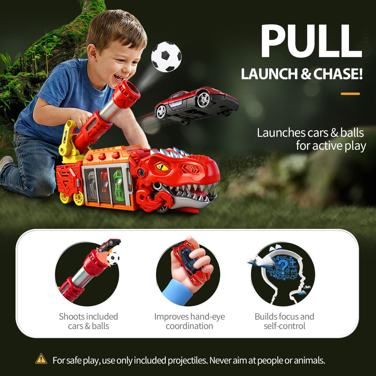 LUCKFUTURE Dinosaur Truck Toy, Red T-Rex with Car Launcher - Shoots Matchbox Cars & Balls, Action Play Dino Truck Gift for Boys Girls 3-7 Years Old