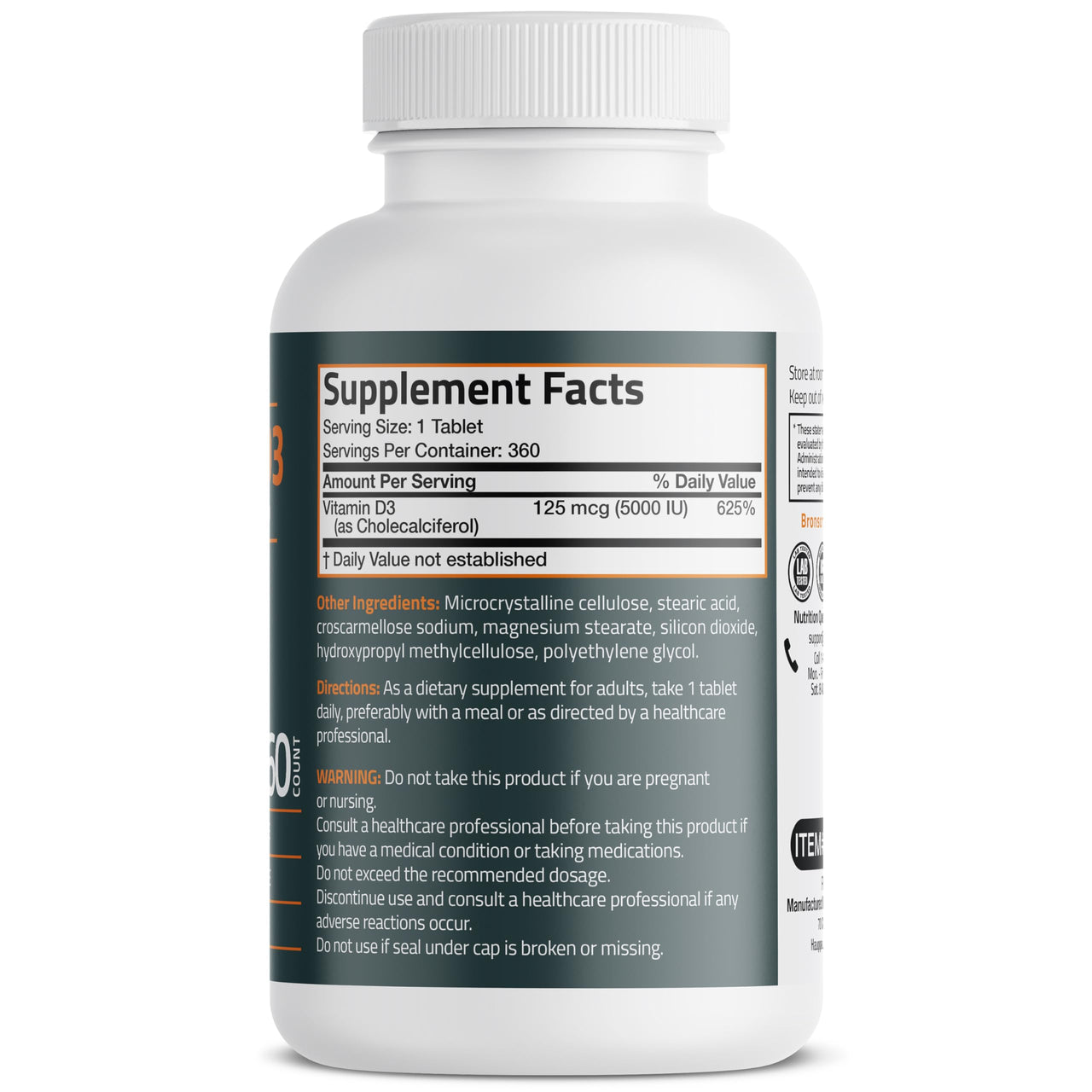Bronson Vitamin D3 5000iu (125mcg) Healthy Muscle Function and Immune Support, Non-GMO, 360 Tablets