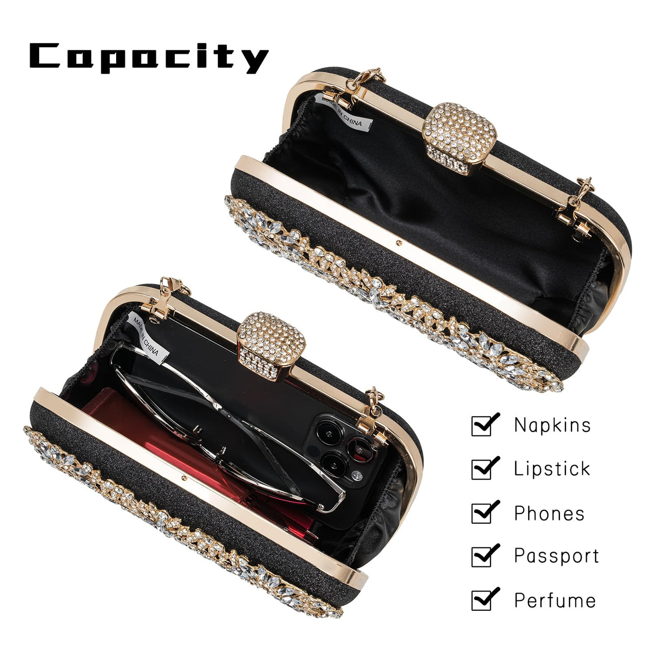 Covelin Women's Rhinestone Decorated Evening Bag, Tote Shoulder Crossbody Handbag with Chain Pure Silver