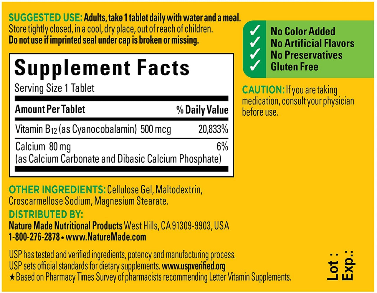 Nature Made Vitamin B-12 500 mcg Tablets 100 ea (Pack of 2)