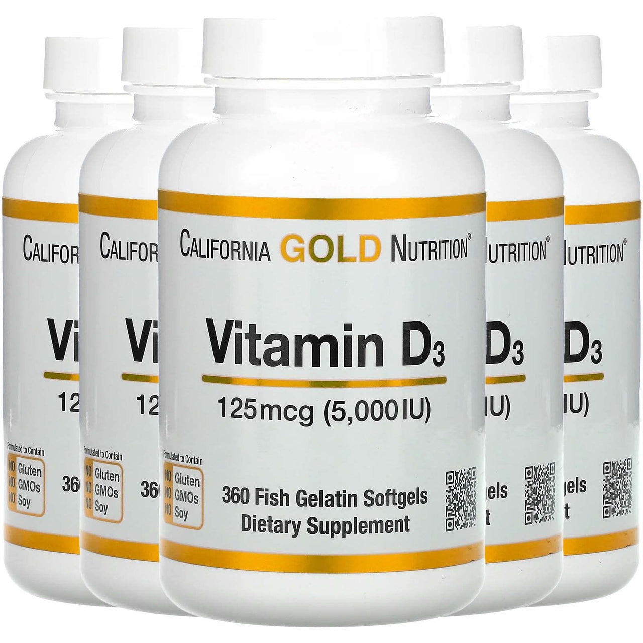 California Gold Nutrition Vitamin D3, 125 mcg (5,000 IU), 360 Fish Gelatin Softgels, 5 Pack