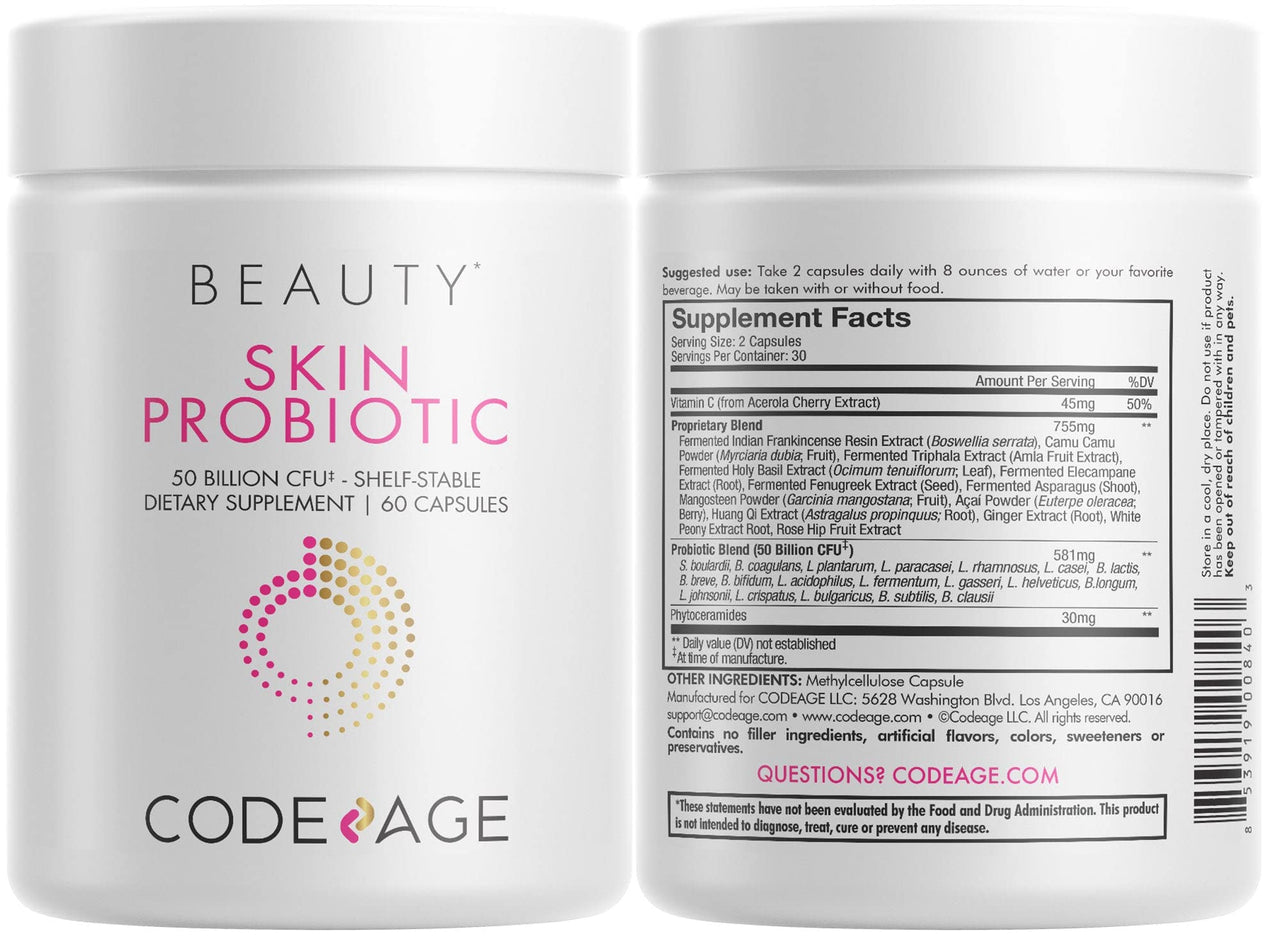 Codeage Skin Probiotics + Prebiotics - Skin Care Routine Supplement - 50 Billion CFU - Ayurvedic Botanical Herbs - Face Probiotics - Shelf Stable Cleanser, Non-GMO, Vegan - 2 Pack