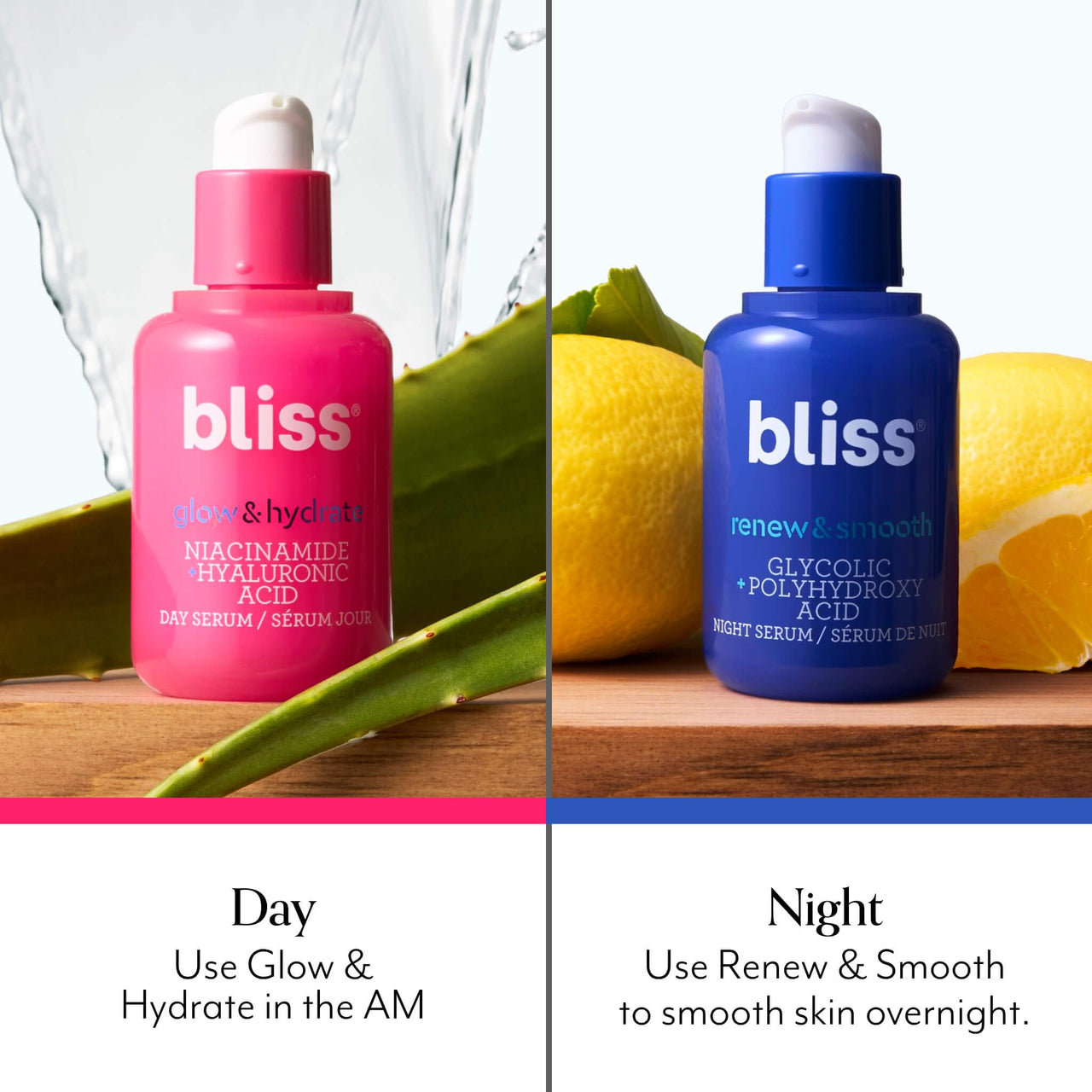 Bliss AM+PM Serum Duo: Glow & Hydrate with Vitamin C + Renew & Smooth with Glycolic Acid for 24-Hour Radiant, Hydrated Skin - Daily Skincare Routine Set