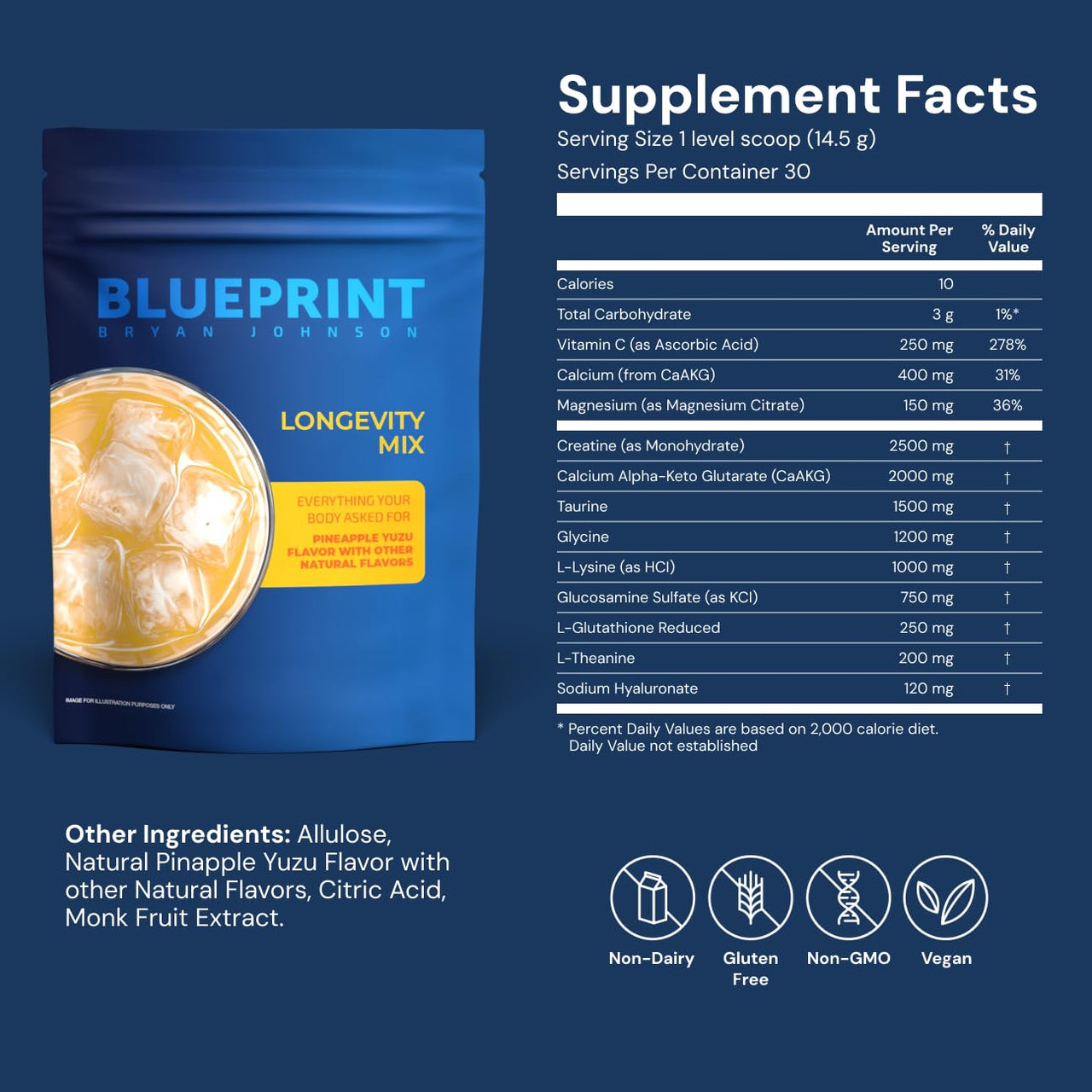 Blueprint Bryan Johnson Longevity Mix - Muscle Builder & Recovery Supplement - Promotes Focus and Balanced Mood - Creatine, L-Theanine- Vegan, Keto Friendly (30 Servings (Pack of 1), Pineapple Yuzu)