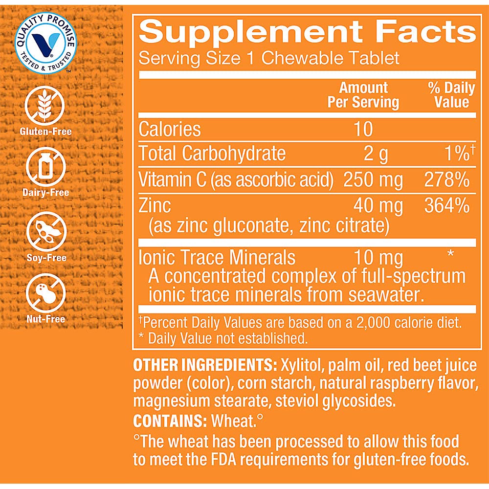 The Vitamin Shoppe Chewable Zinc with Vitamin C - Immune Defense | Raspberry Flavor | 60 Chewable | Great Taste