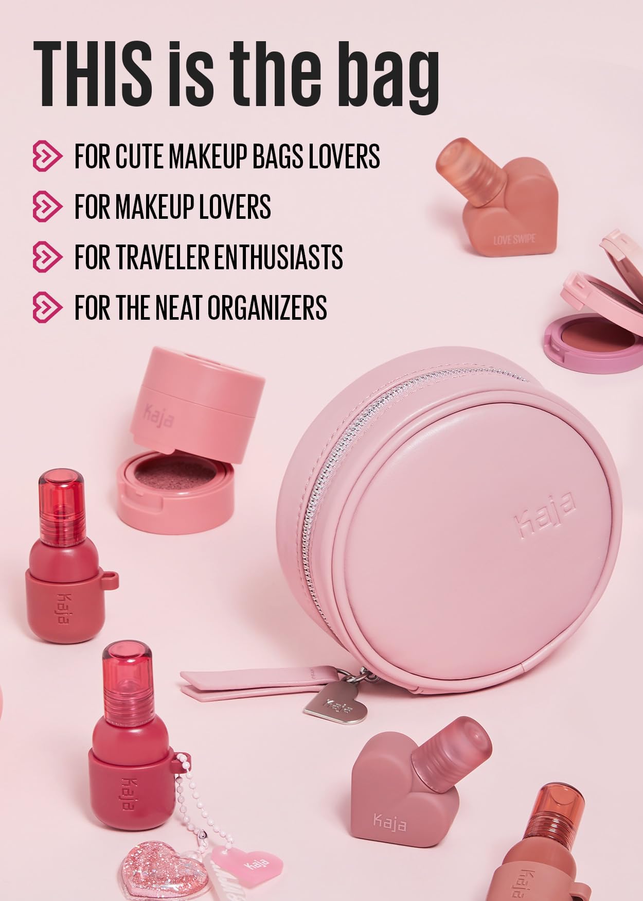 Kaja Makeup Pouch - Let's Go Bag | Multifunctional Makeup Round Bag for Women and Girls, Waterproof, Durable, Travel Friendly, Portable, Great Gifts Idea (Pink)