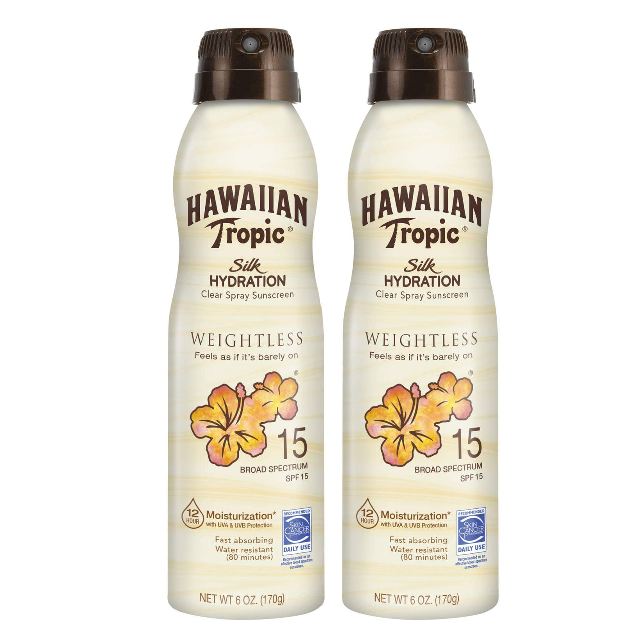 Hawaiian Tropic Weightless Hydration Clear Spray Sunscreen SPF 15 Twin Pack 6oz Each + Face Sunscreen Lotion SPF 30 Travel Size 1.7oz