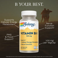 Thumbnail for SOLARAY Vitamin B-1 100 mg | Healthy Energy Metabolism, Skin, Brain, Heart & Nervous System Support | 100 VegCaps