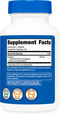 Thumbnail for Nutricost Bromelain Capsules (60 Capsules) - 550 MG Per Serving, Vegan, Non-GMO, GMP Compliant