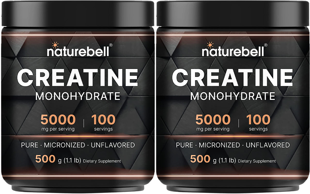 NatureBell 2 Pack Instant Creatine Monohydrate Powder 500 Grams, 5000mg Per Serving, Unflavored Micronized Creatine Powder - Pre Workout | Keto | Vegan | Dissolves Easy | Filler Free