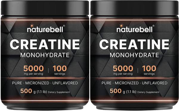 NatureBell 2 Pack Instant Creatine Monohydrate Powder 500 Grams, 5000mg Per Serving, Unflavored Micronized Creatine Powder - Pre Workout | Keto | Vegan | Dissolves Easy | Filler Free
