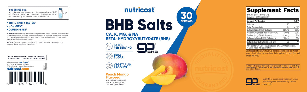 Nutricost BHB Salts Drink Mix (30 Servings, Peach Mango Flavored) (5G BHB Per Serving) - 0G Total Sugars, Vegetarian Product