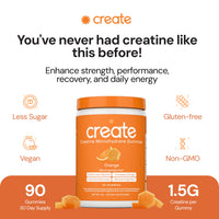 Thumbnail for Create Creatine Monohydrate Gummies for Men & Women, Boost Focus, Strength, and Endurance, Anti-Melting Formula, Vegan, Gluten-Free, Non-GMO, 1.5g of Creatine per Gummy (Orange)