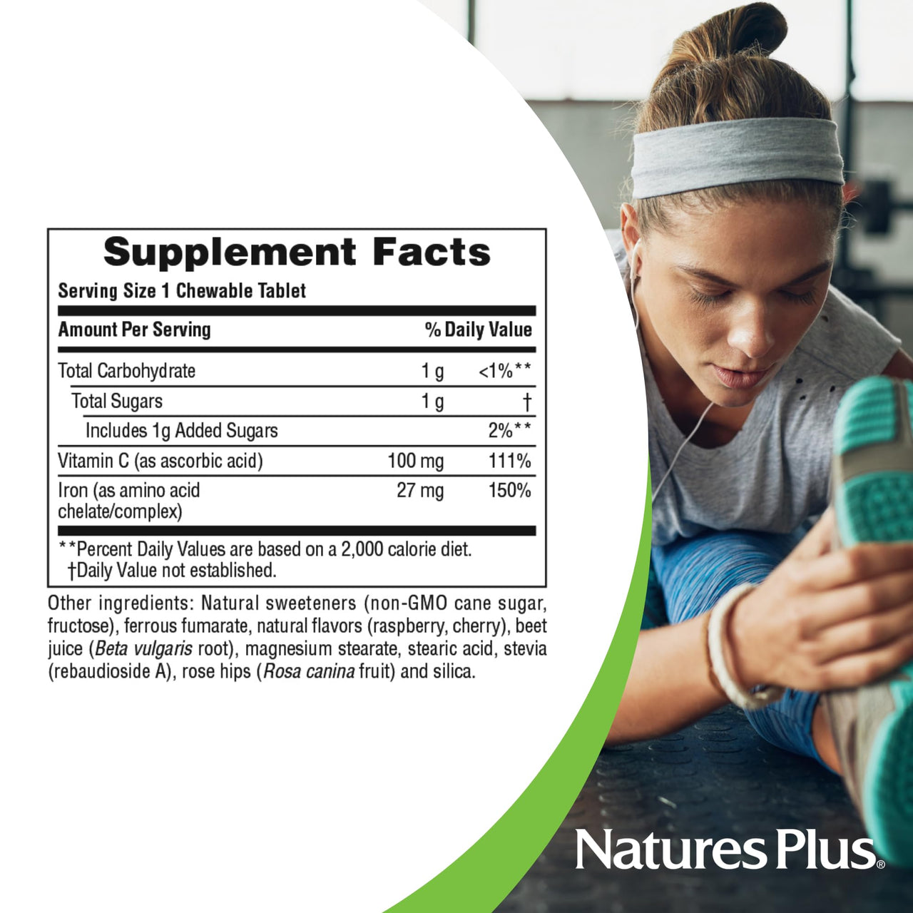 NaturesPlus Chewable Iron, Cherry - 90 Tablets - Supports Natural Energy Production - High-Potency Supplement with Vitamin C & Herbs - 90 Servings