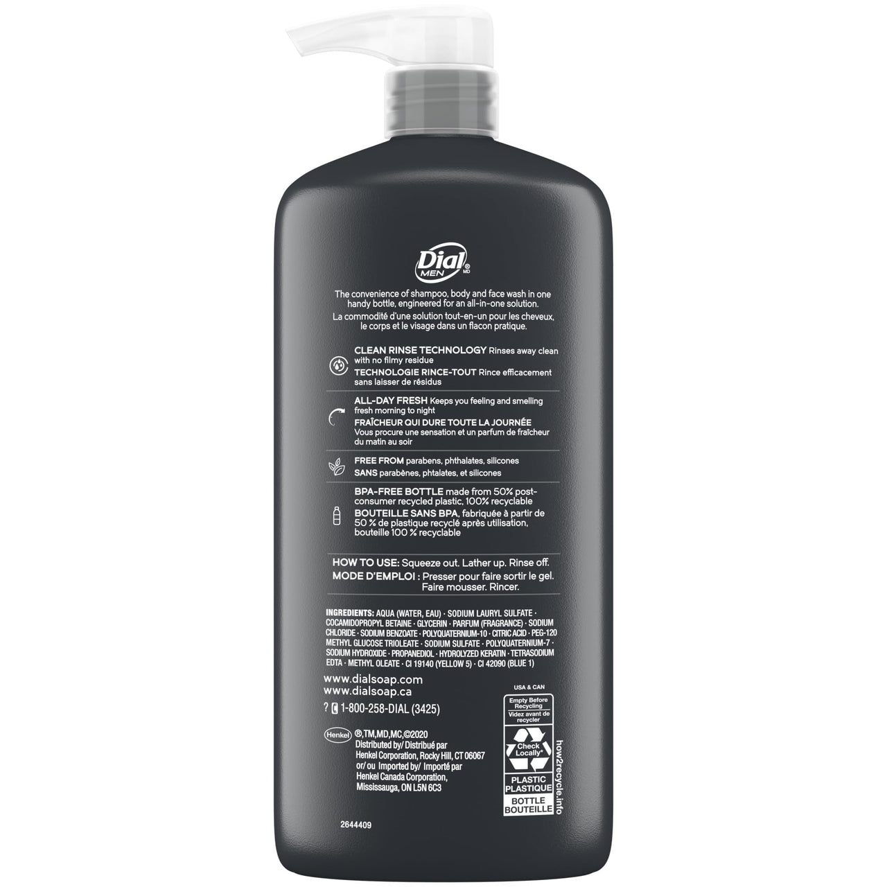 Dial Men 3in1 Body, Hair and Face Wash, Recharge, 69 fl oz (3-23 fl oz Bottles)