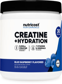 Thumbnail for Nutricost Creatine Monohydrate + Hydration Blue Raspberry Flavored (30 Servings) - 7 Vitamins & Minerals, 5000mg of Creatine Per Serving