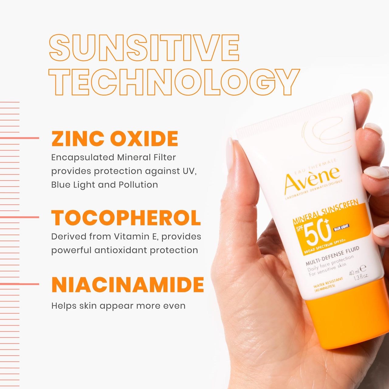 Avène Mineral Sunscreen Multi-Defense Fluid SPF 50+, Clean Formula Sunscreen for Sensitive Skin, Sheer, Water Resistant, Non-Whitening, Antioxidant Protection, 1.3 Fl Oz