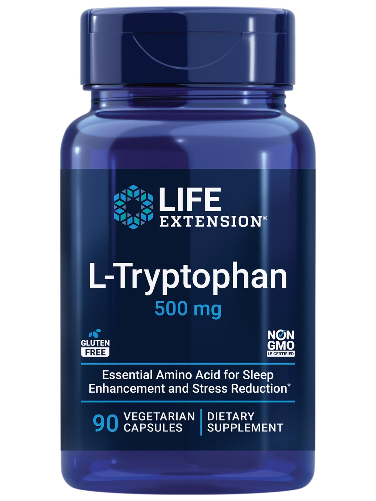 Life Extension L-Tryptophan, 500 mg, Encourages Healthy Serotonin Levels and Promotes Healthy Sleep, Mood, Stress Response & Satiety, Gluten-Free, Non-GMO, Vegetarian, 90 Capsules